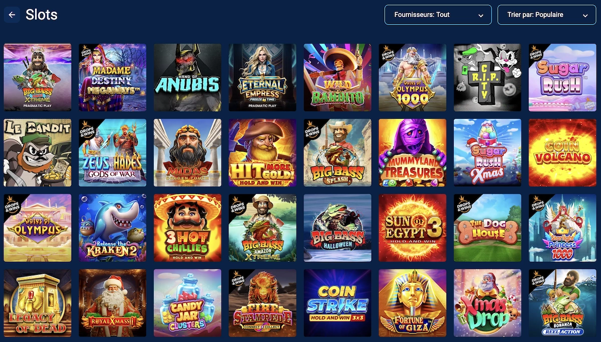 Page des machines &agrave; sous sur Maxwin Casino avec titres populaires comme Sugar Rush et Gates of Olympus