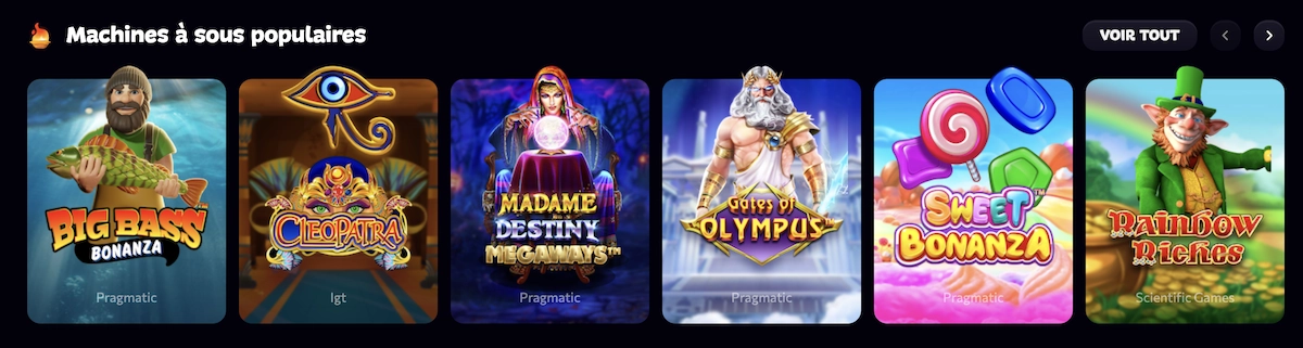 Section “Machines à sous populaires” d’Aphrodite Casino avec Big Bass Bonanza, Cleopatra et Gates of Olympus.