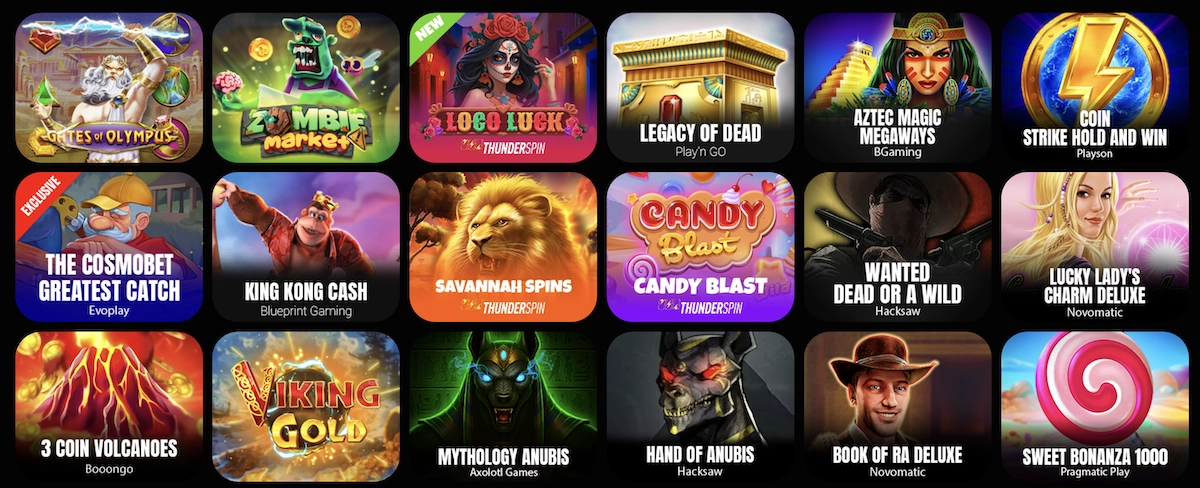 Sélection de machines à sous populaires sur Cosmobet Casino incluant Gates of Olympus, Wanted Dead or a Wild et Sweet Bonanza 1000