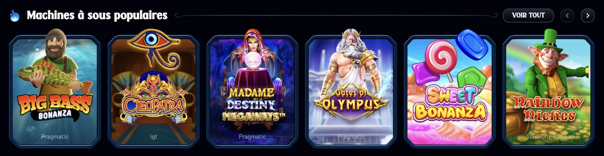 S&eacute;lection de machines &agrave; sous populaires sur Dracula Casino incluant Big Bass Bonanza, Cleopatra et Sweet Bonanza