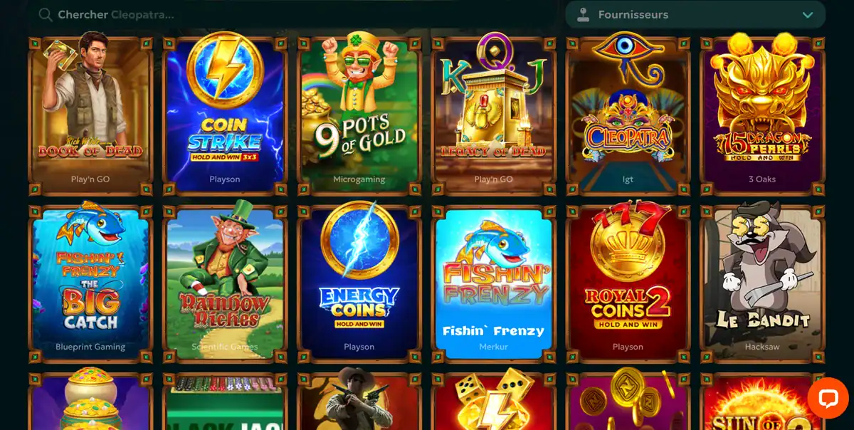Catalogue des machines à sous populaires sur Rivo Casino avec des jeux comme Book of Dead, Coin Strike, 9 Pots of Gold et Cleopatra.