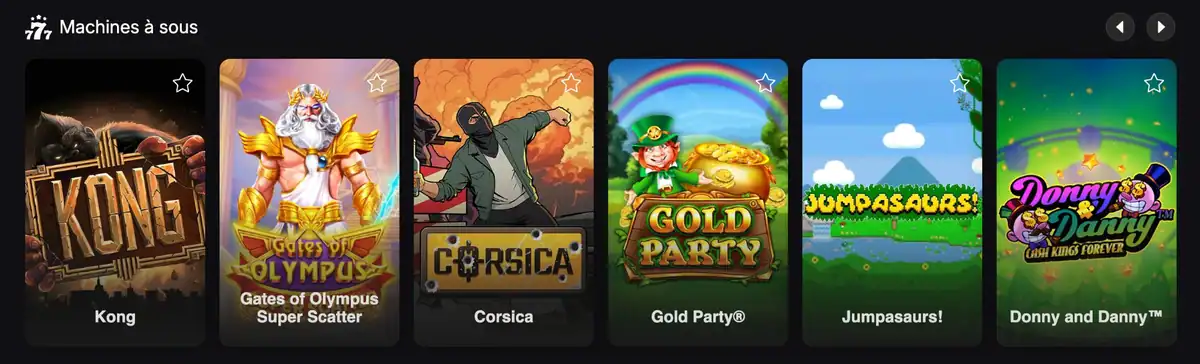 Section machines à sous de Vibebet avec Kong, Gates of Olympus Super Scatter, Corsica, Gold Party, Jumpasaurs et Donny and Danny.
