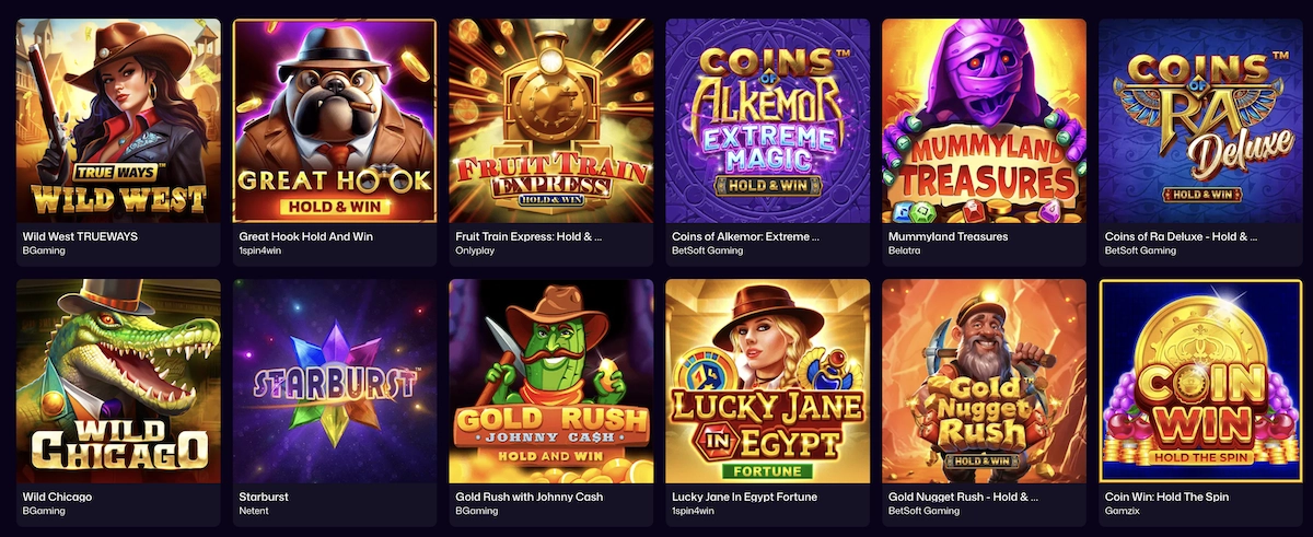 Catalogue de machines &agrave; sous sur WinBeast Casino montrant des slots populaires comme Starburst, Coin Win et Lucky Jane in Egypt