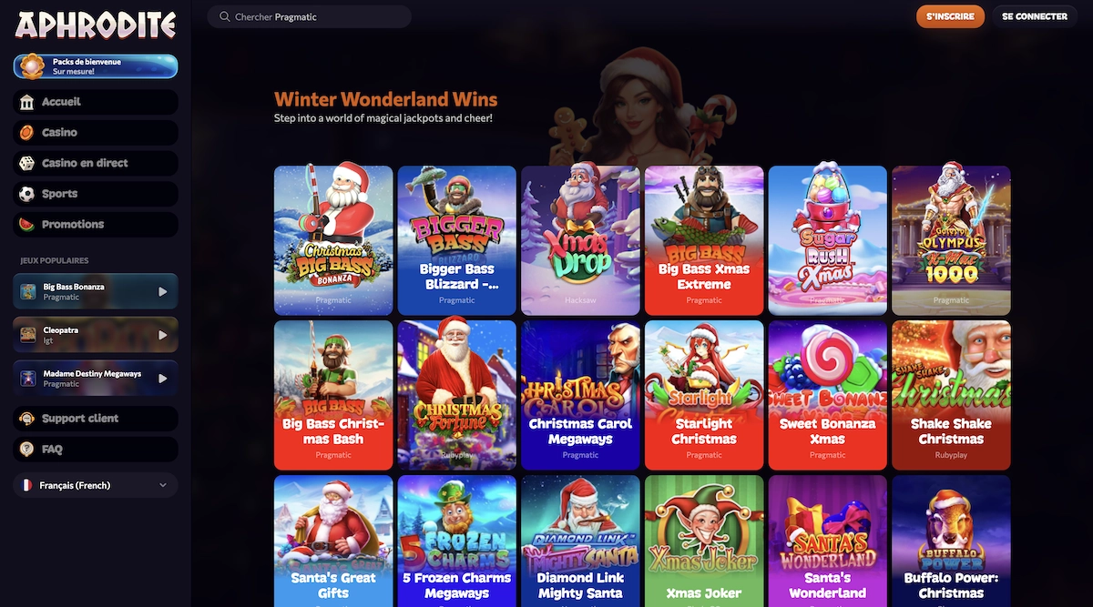 Grille des machines &agrave; sous de No&euml;l sur Aphrodite Casino, affichant les jeux sp&eacute;ciaux du mois pour profiter des bonus de No&euml;l casino.