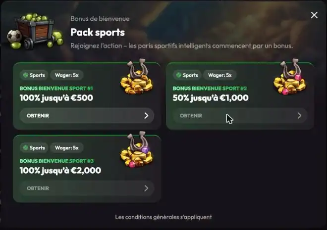 Bonus de bienvenue sur les paris sportifs de MadCasino, jusqu'à 3 500 € sur 3 dépôts avec un wager de x5.