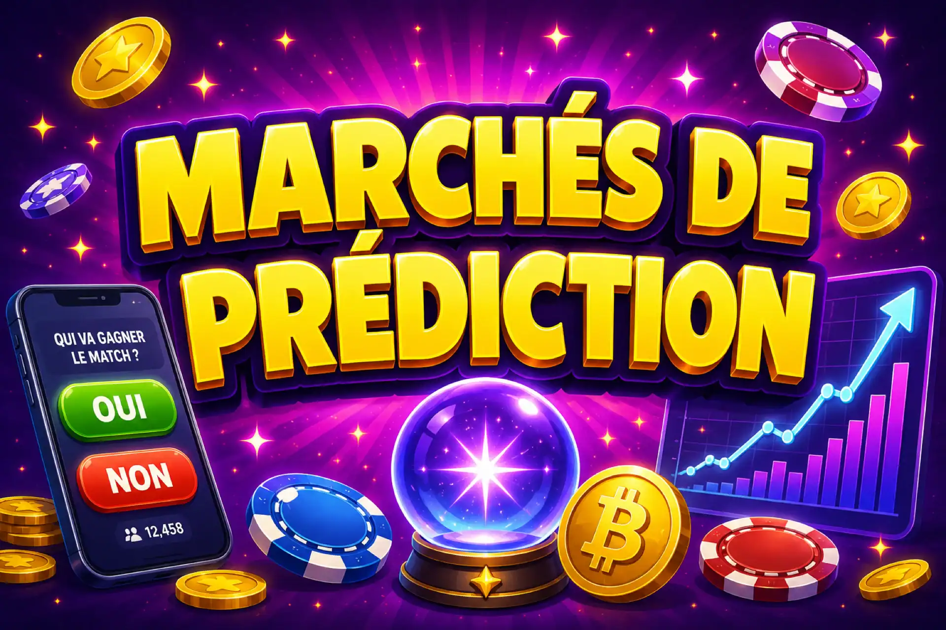 Illustration colorée sur les marchés de prédiction avec un téléphone qui affiche les boutons oui et non, une boule de cristal, un graphique qui monte et des jetons de casino.