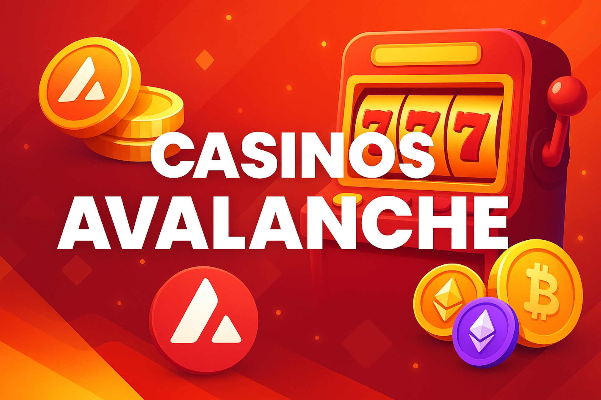 Illustration d&rsquo;une machine &agrave; sous et de pi&egrave;ces Avalanche, Bitcoin et Ethereum, pour repr&eacute;senter les meilleurs casinos en ligne acceptant Avalanche (AVAX)