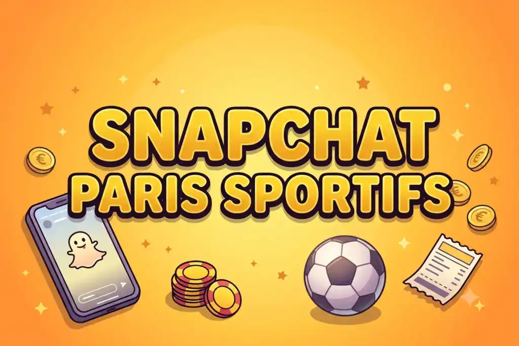 Illustration jaune avec le titre Snapchat paris sportifs, un téléphone qui affiche une story, un ballon de foot, des jetons et un ticket de pari.