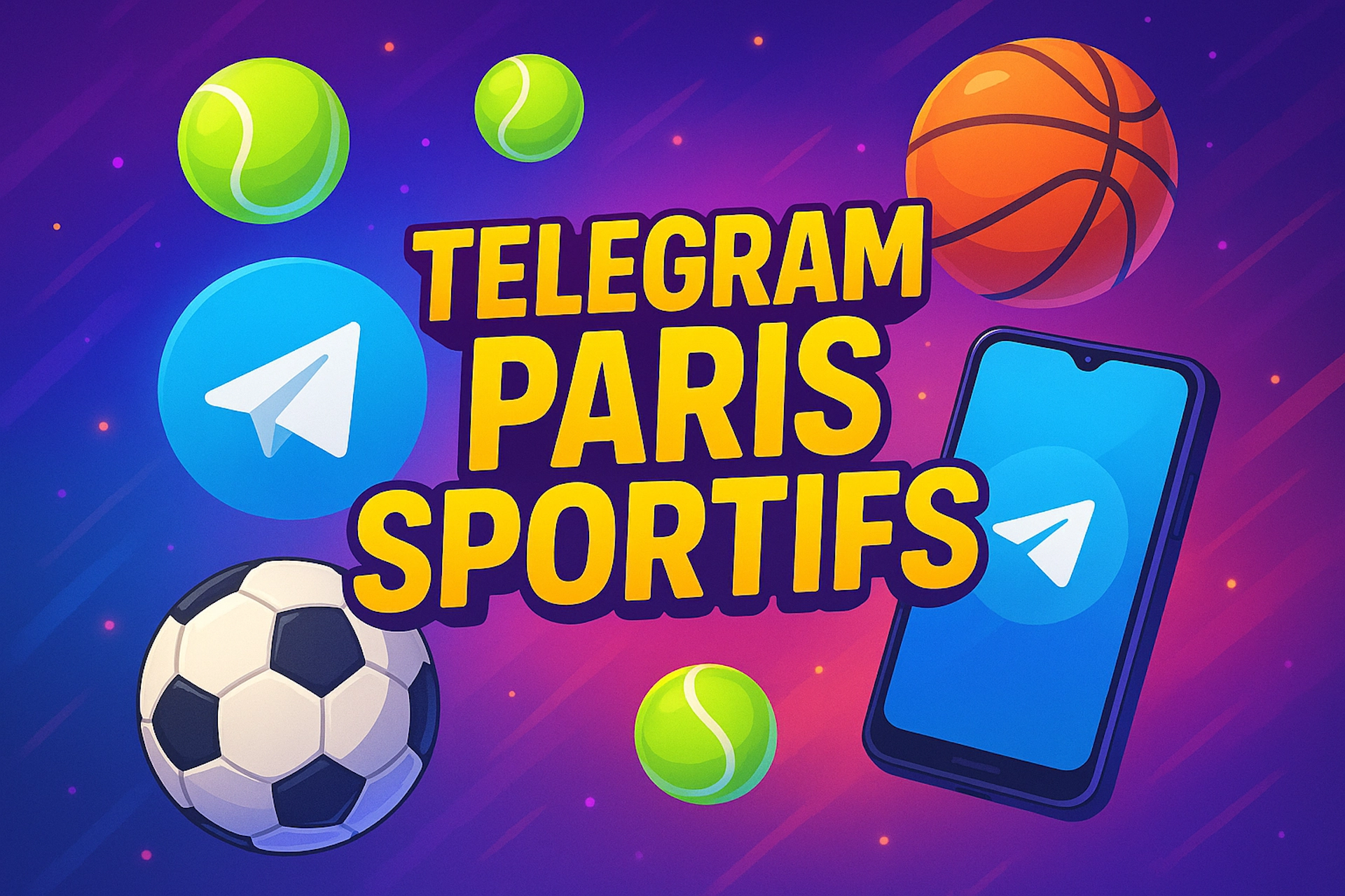 Illustration colorée des meilleurs groupes Telegram Paris Sportifs avec logo Telegram, smartphone, ballon de foot, basket et balles de tennis, style cartoon moderne