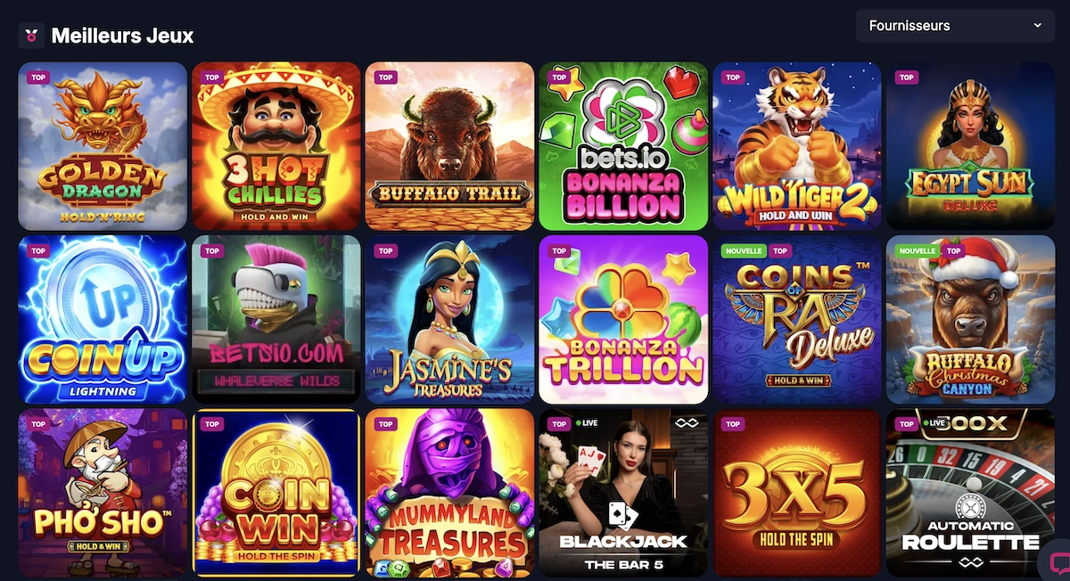 Section meilleurs jeux de Betsio Casino mettant en avant les slots et jeux live les plus populaires auprès des joueurs