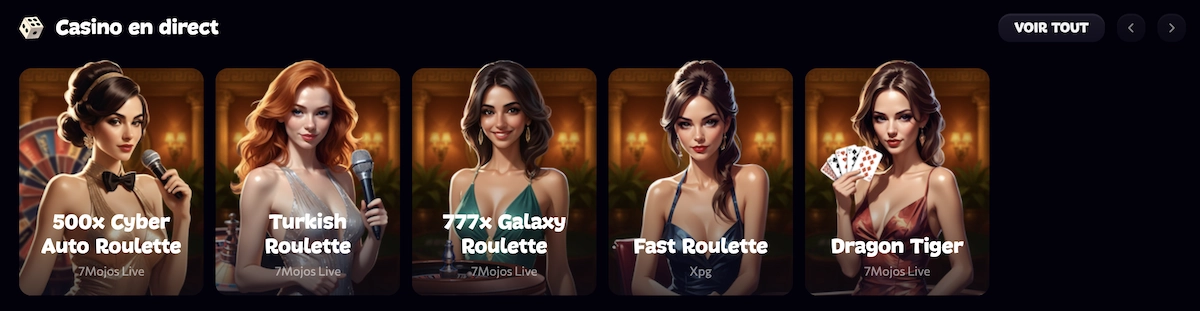 Section “Casino en direct” d’Aphrodite Casino présentant plusieurs tables de roulette live et Dragon Tiger.