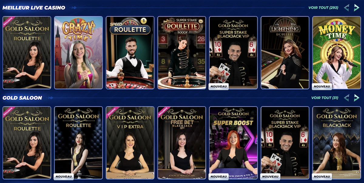 Interface du live casino BassBet avec des tables de roulette, blackjack et game shows populaires
