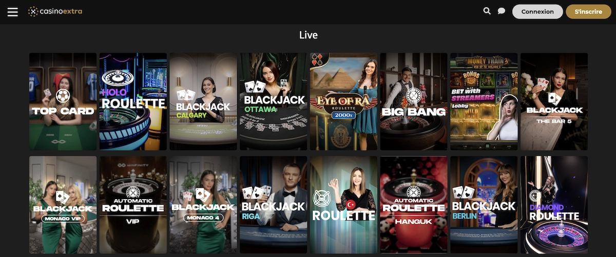 S&eacute;lection de jeux de casino en direct sur CasinoExtra Casino avec tables de blackjack, roulette live et croupiers film&eacute;s en studio