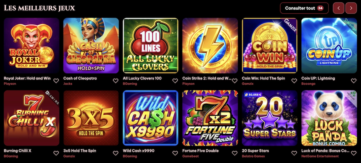 S&eacute;lection des meilleurs jeux sur Spinogambino Casino avec titres populaires comme Gates of Olympus et Wild Cash x9990
