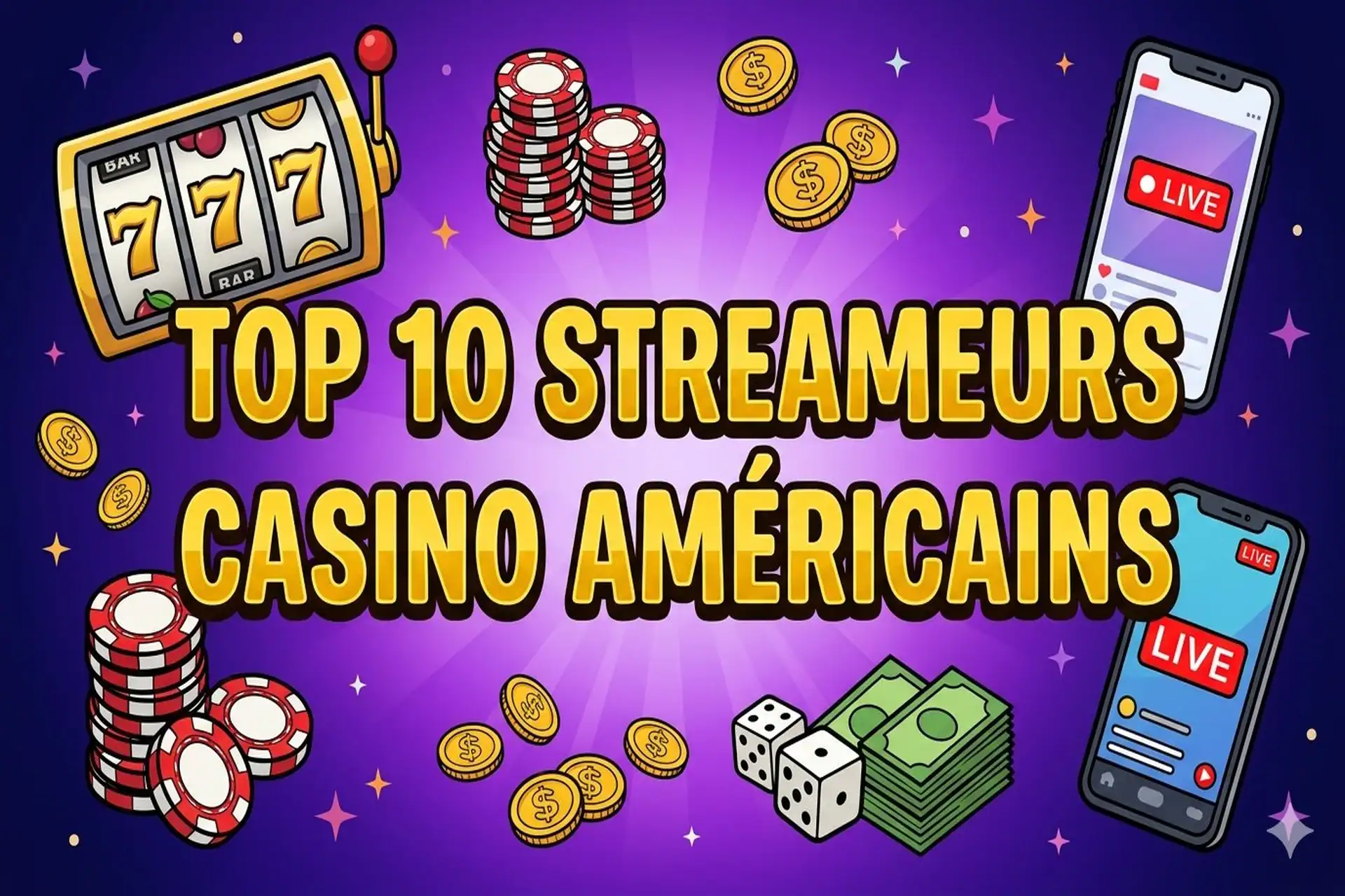 Illustration cartoon des meilleurs streameurs casino américains avec une machine à sous, des jetons, des dés et un smartphone en direct.