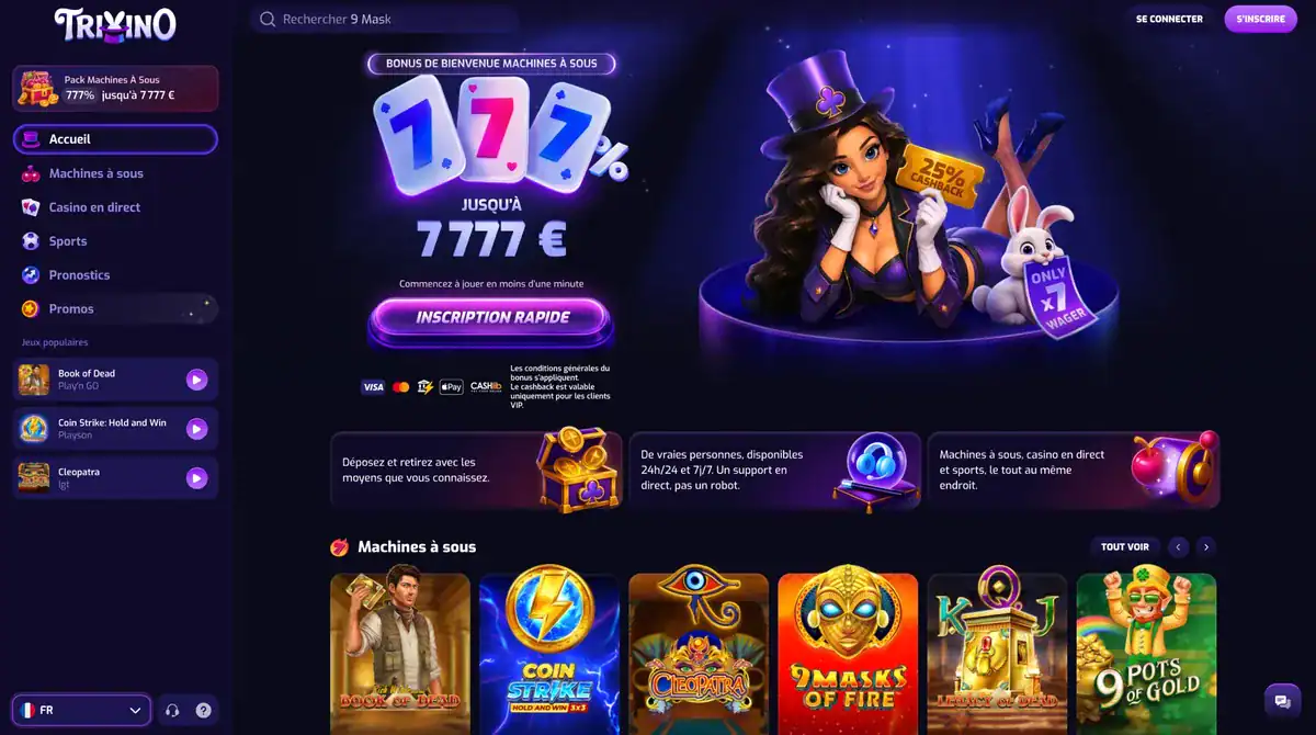 La page d'accueil du casino trixino sur ordinateur avec le menu de gauche et la barre recherche en haut.