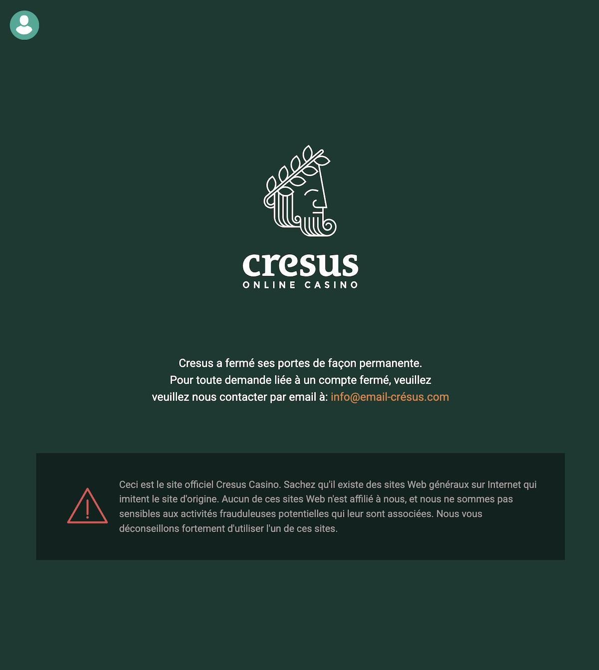 message sur la fermeture definitive de cresus casino sur le site officiel du casino en ligne
