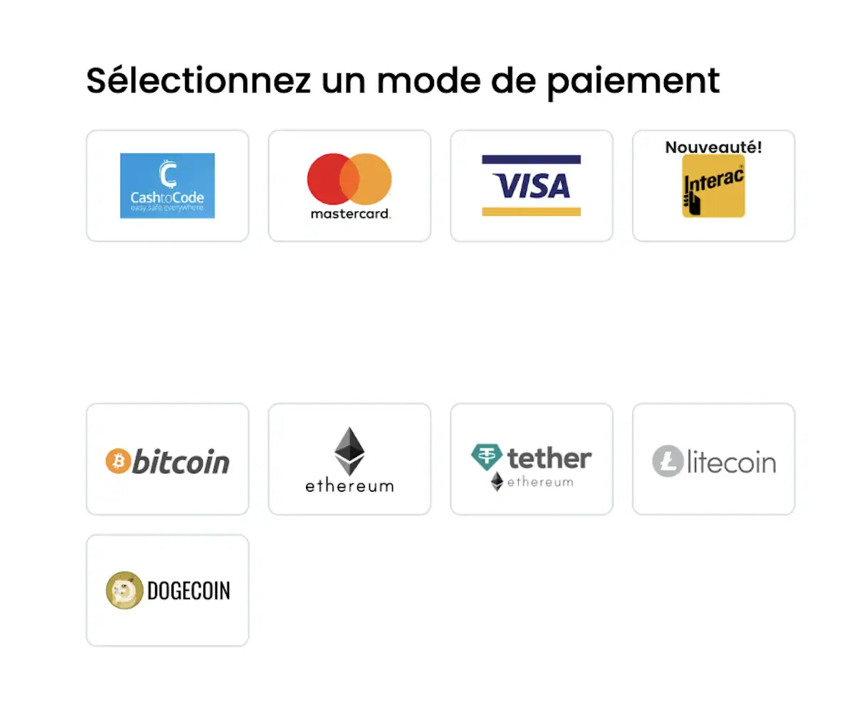 Page des méthodes de paiement Casino Hermes avec cartes bancaires et cryptomonnaies disponibles
