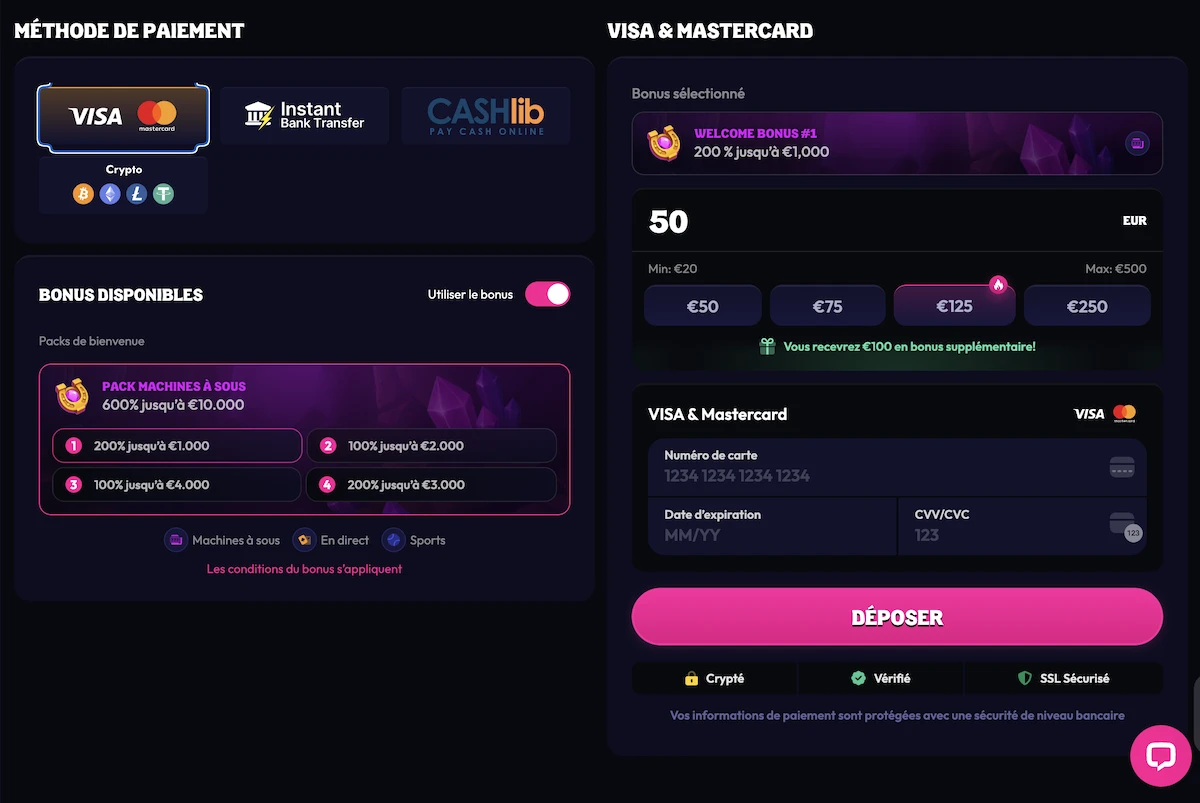 Page de d&eacute;p&ocirc;t sur Wildzy affichant les m&eacute;thodes de paiement Visa, Mastercard, crypto et la s&eacute;lection du bonus de bienvenue