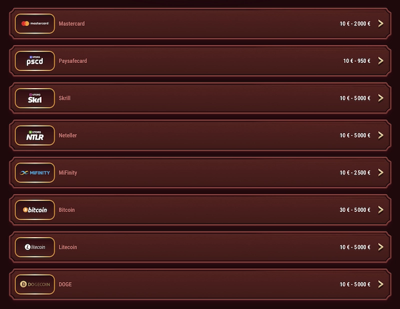 m&eacute;thodes de d&eacute;pot accept&eacute;es sur Magius Casino