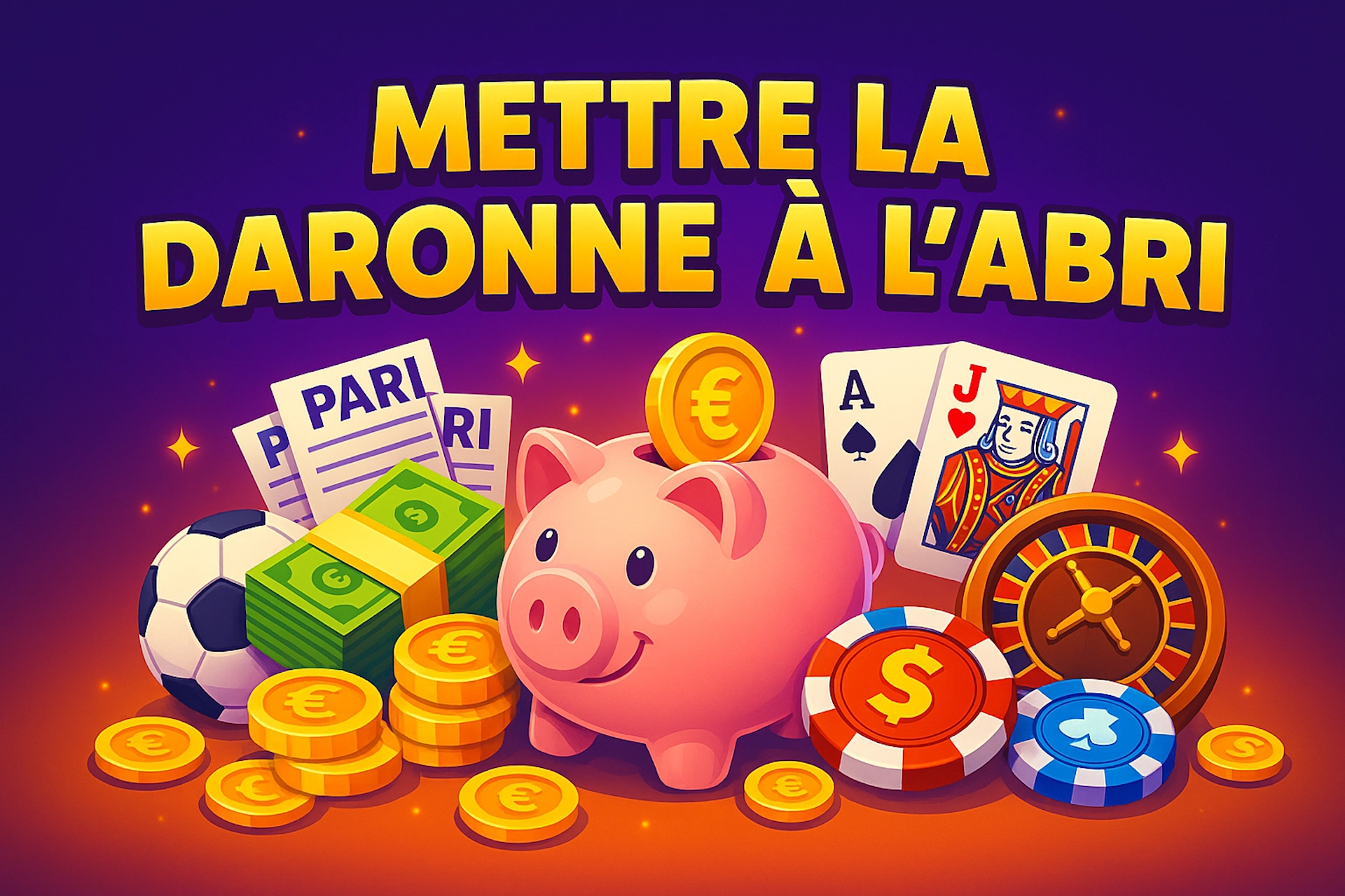 Illustration cartoon 3:2 style Casinotan avec tirelire cochon rose, pièces et billets en €, tickets “PARI”, ballon de foot, cartes de blackjack, roulette et jetons. Texte corrigé et centré “METTRE LA DARONNE À L’ABRI” en jaune avec ombrage sur fond violet‑orange.