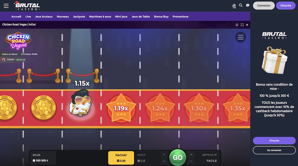 Interface du mini-jeu Chicken Road Vegas sur Brutal Casino, montrant le personnage avan&ccedil;ant case par case sur une route avec des multiplicateurs affich&eacute;s &agrave; chaque &eacute;tape et une mise ajustable en bas de l&rsquo;&eacute;cran.