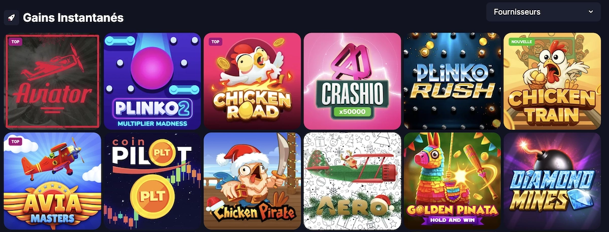 Catalogue des mini-jeux à gains instantanés sur Betsio Casino avec Aviator, Plinko, Chicken Road, Crashio et autres jeux rapides