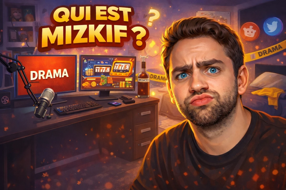 Illustration cartoon de Mizkif dans sa chambre de streamer, assis devant deux écrans affichant “Drama” et un casino en ligne, avec une ambiance tendue et colorée, et le texte “Qui est Mizkif ?” en haut de l’image.