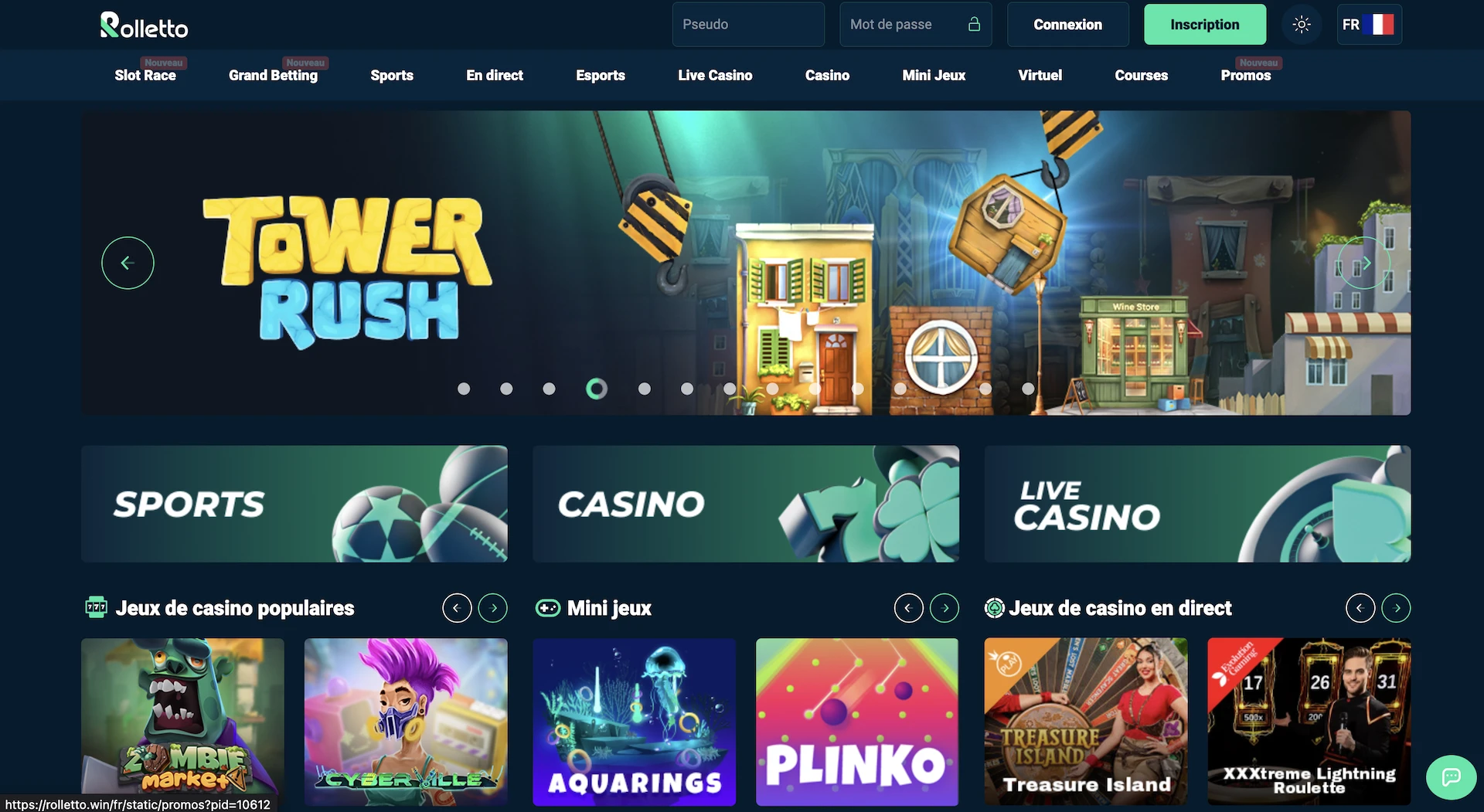 Mise en page g&eacute;n&eacute;rale du site Rolletto montrant le menu principal et les cat&eacute;gories de jeux