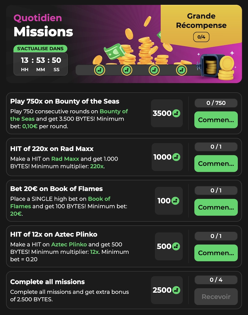 missions quotidiennes sur le site de jeu Betify