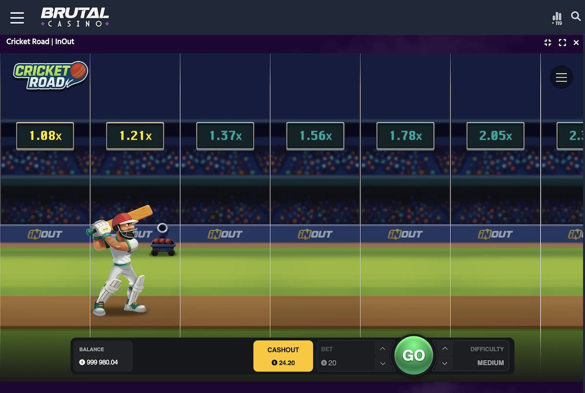 Mode demo du jeu crash Cricket Road du fournisseur de jeu InOut sur le casino en ligne Brutal