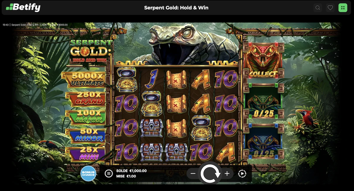 Mode demo de la machine &agrave; sous Serpent Gold & Win sur le casino en ligne Betify 