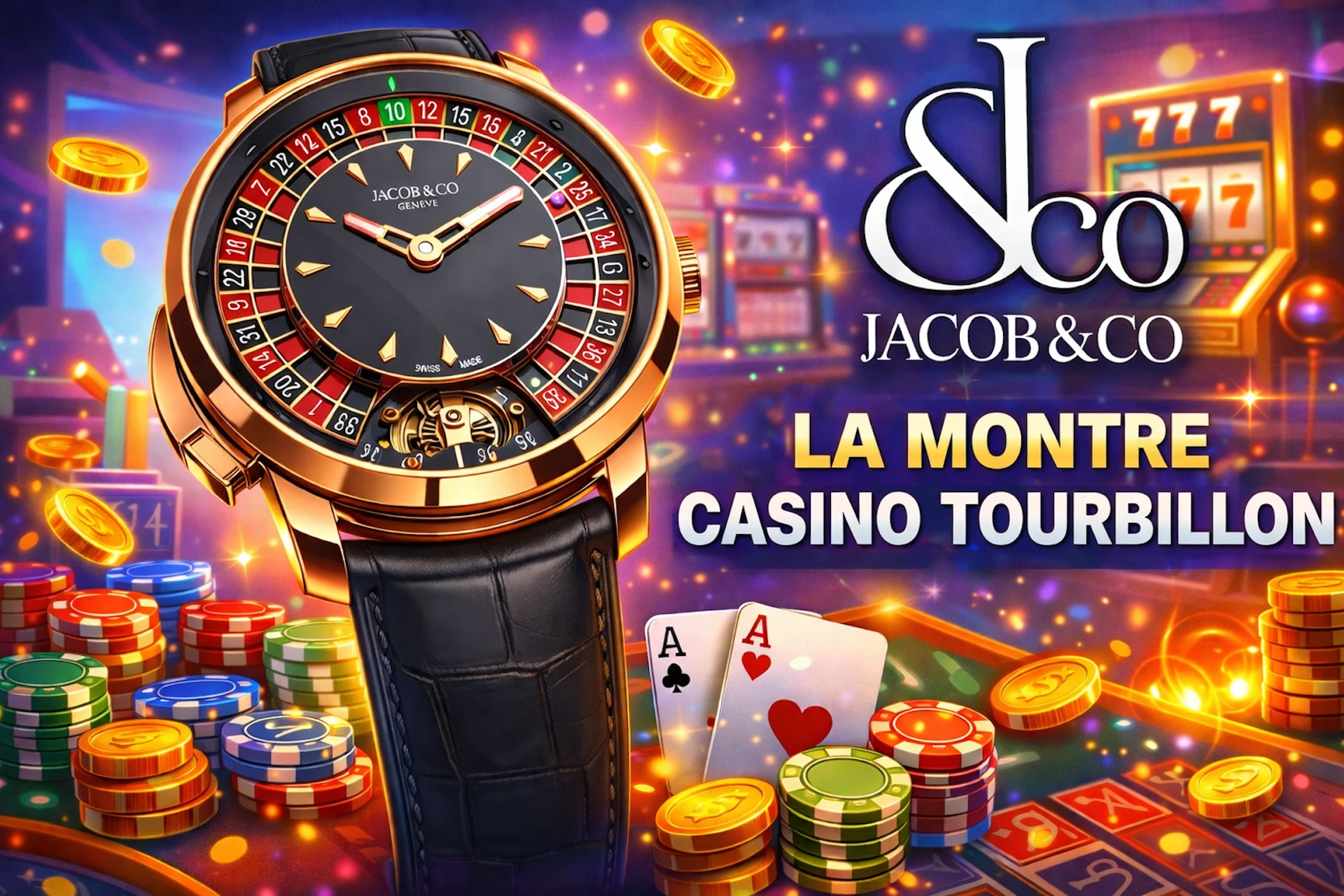 Montre Jacob & Co Casino Tourbillon en or rose dans un univers casino en ligne avec jetons, cartes et machines à sous