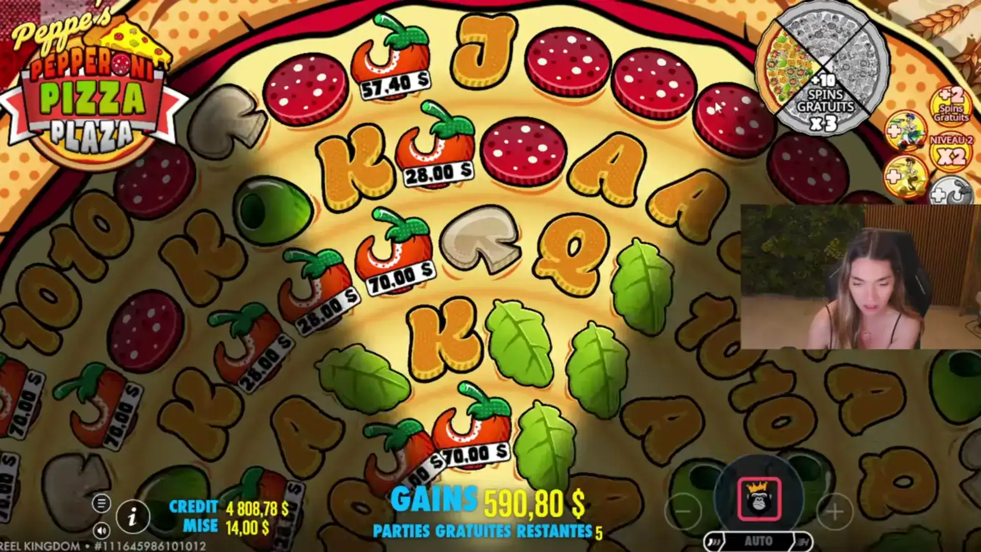 Morgie en stream sur la machine à sous Peppe's Pepperoni Pizza Plaza, gains affichés à 590 $
