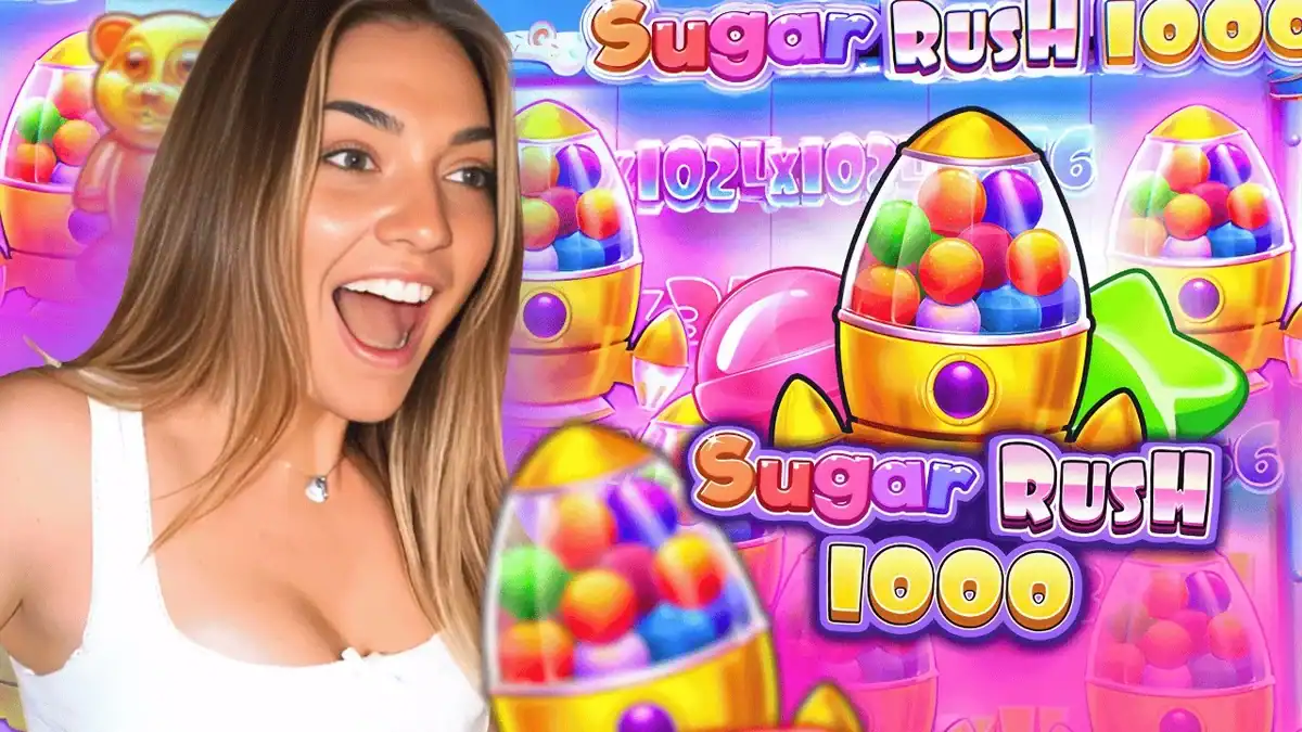 Miniature YouTube de Morgie avec le jeu Sugar Rush 1000 sur Crazybet, la bouche ouverte devant un multiplicateur de 1024x.