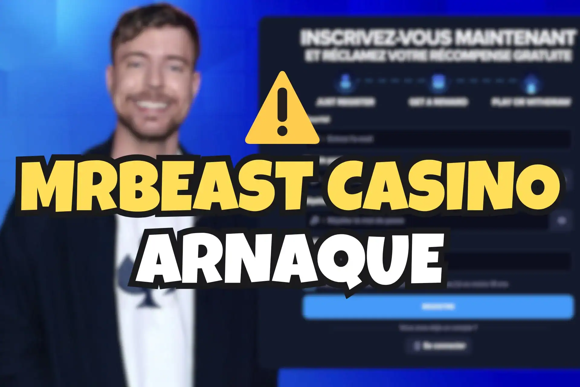 Image de mise en avant de l'article sur le faux Mr Beast Casino avec la photo de Mr Beast en arrière-plan flou et le texte MrBeast Casino Arnaque en gros caractères jaunes.
