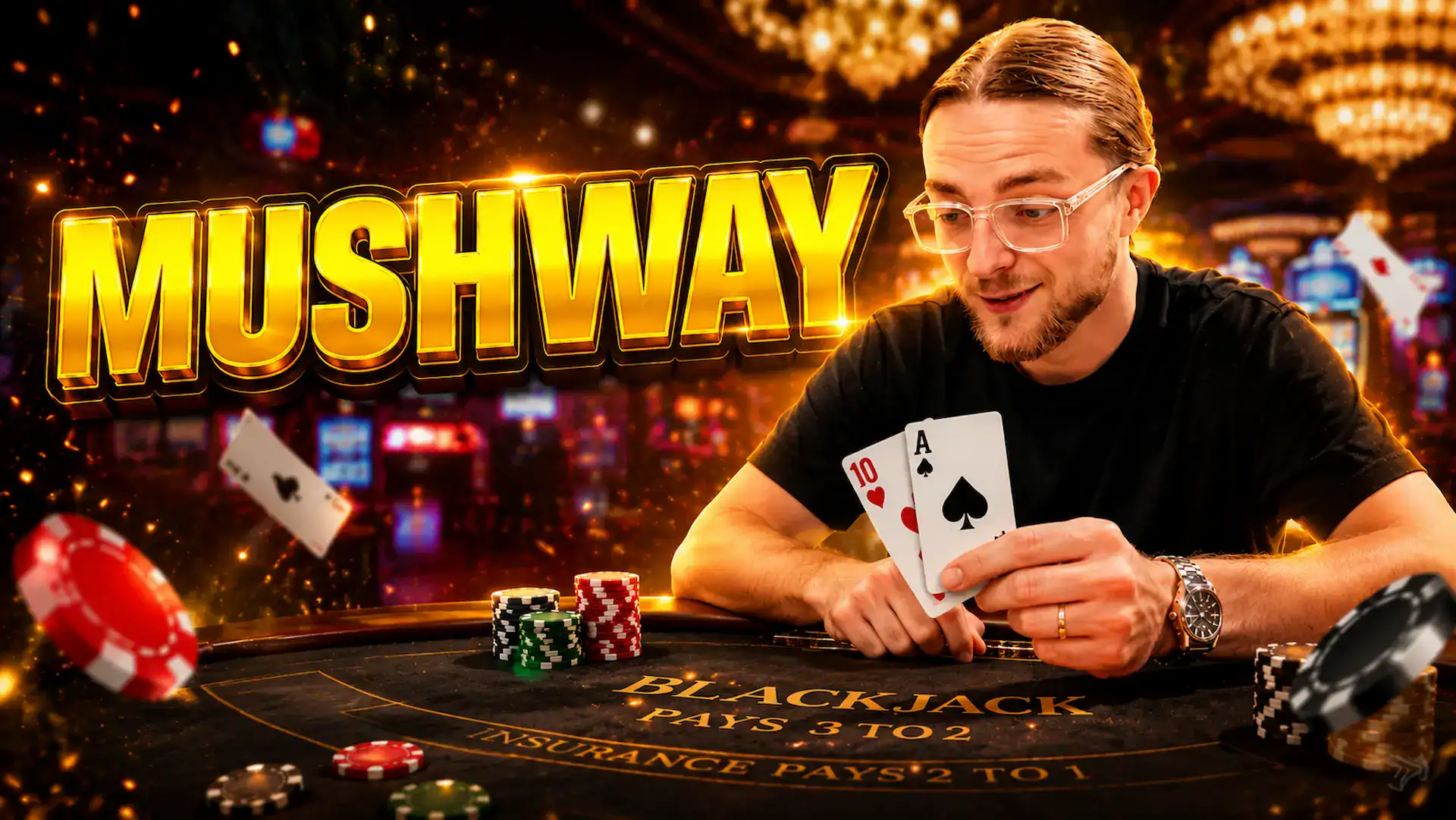 Illustration de Mushway, streamer casino français, avec deux cartes de blackjack en main devant une table de jeu.