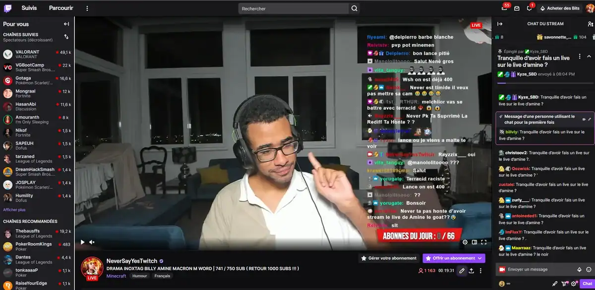 Capture d'écran d'un live Twitch de NeverSayYes avec 1 163 spectateurs, le chat actif et le titre du stream qui parle d'un drama.