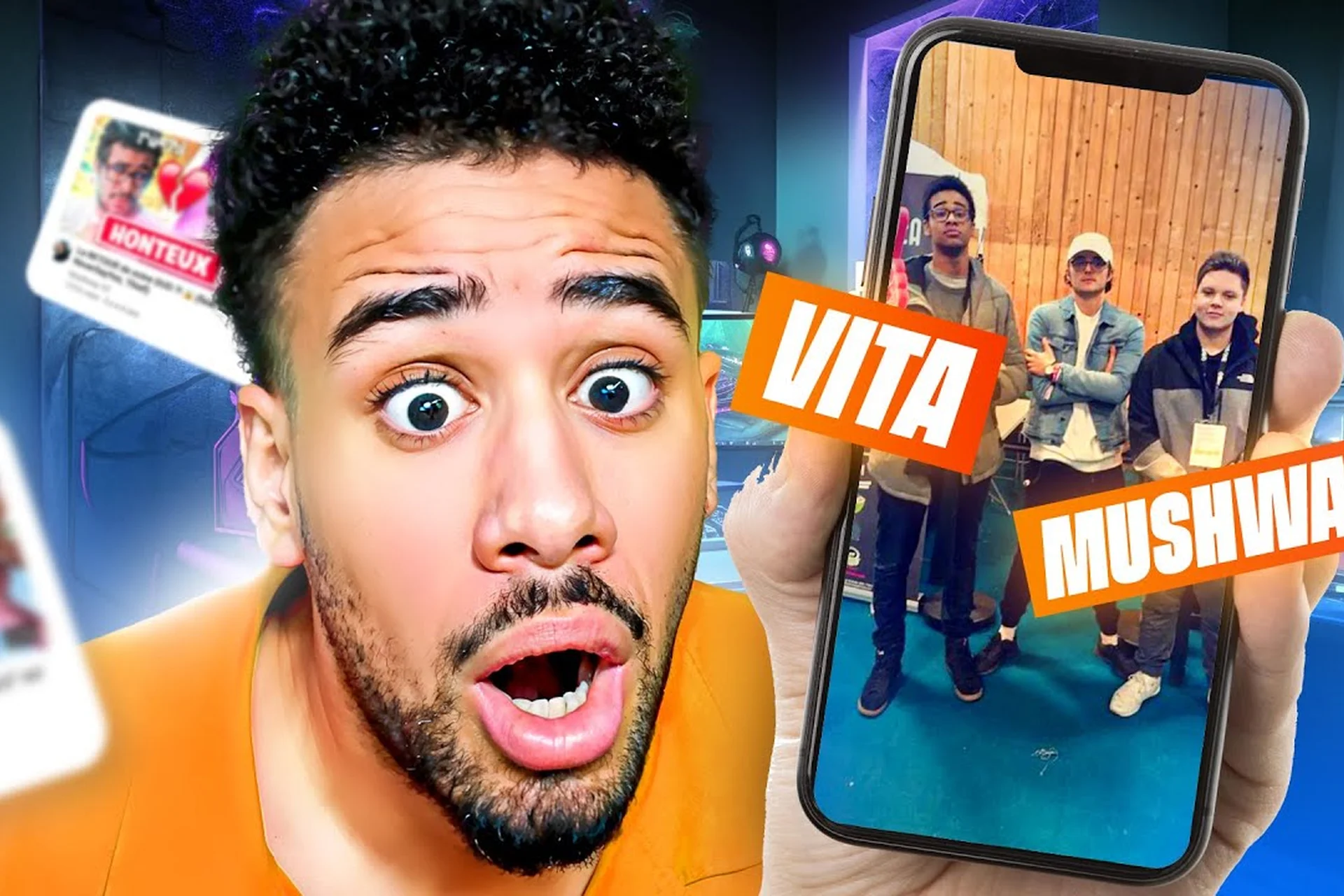 Miniature YouTube de NeverSayYes qui ouvre grand les yeux, un téléphone avec une photo de groupe et les noms Vita et Mushway en orange.