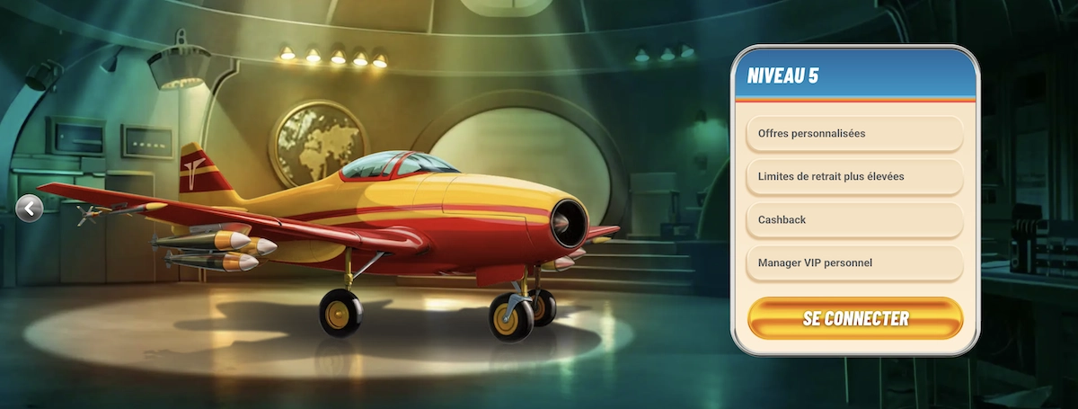 Niveau 5 du club VIP sur Vegasino Casino avec avion et avantages affich&eacute;s