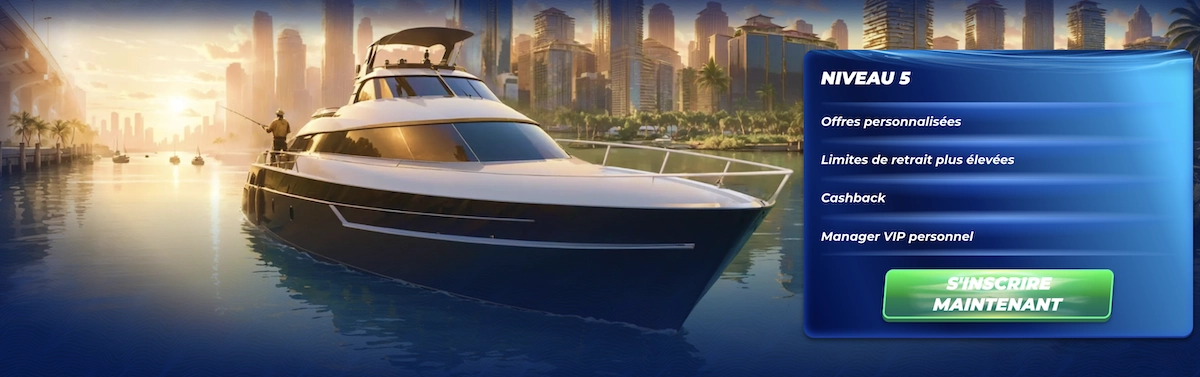 Illustration du programme VIP niveau 5 de BassBet Casino avec yacht et avantages exclusifs