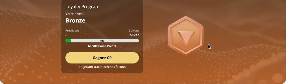 Programme de fidélité de Retro Casino au niveau Bronze, avec 60 points sur les 700 du niveau Silver.
