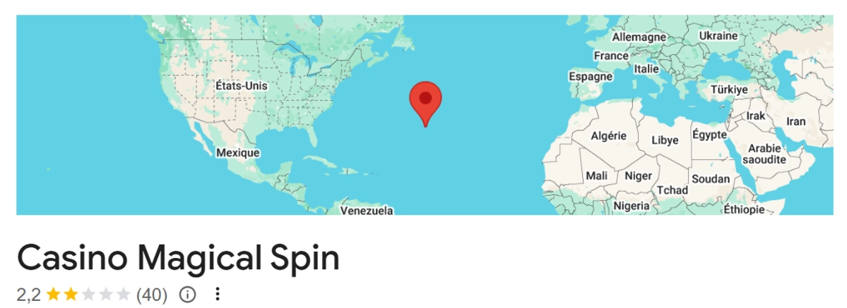 Capture Google Maps du casino en ligne Magical Spin avec une &eacute;pingle de localisation au milieu de l&rsquo;oc&eacute;an Atlantique et une note moyenne de 2,2 &eacute;toiles bas&eacute;e sur 40 avis.