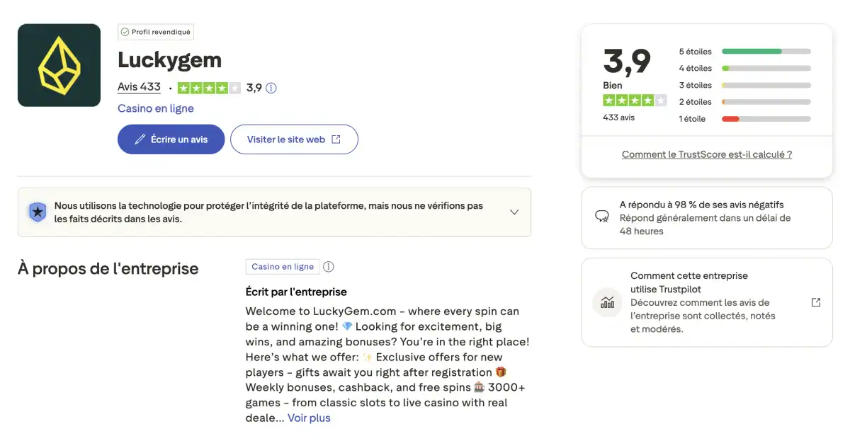 Page Trustpilot de Luckygem Casino avec une note de 3,9 sur 5 basée sur 433 avis et un taux de réponse de 98 % aux avis négatifs.