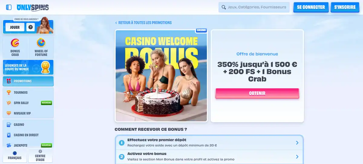 Page de l’offre de bienvenue de OnlySpins Casino avec 350 % jusqu’à 1 500 euros, 200 tours gratuits et 1 Bonus Crab.