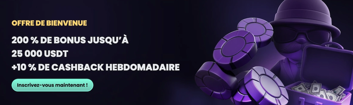 Offre de bienvenue No KYC Casino affichant un bonus 200 % jusqu&rsquo;&agrave; 25 000 USDT et cashback