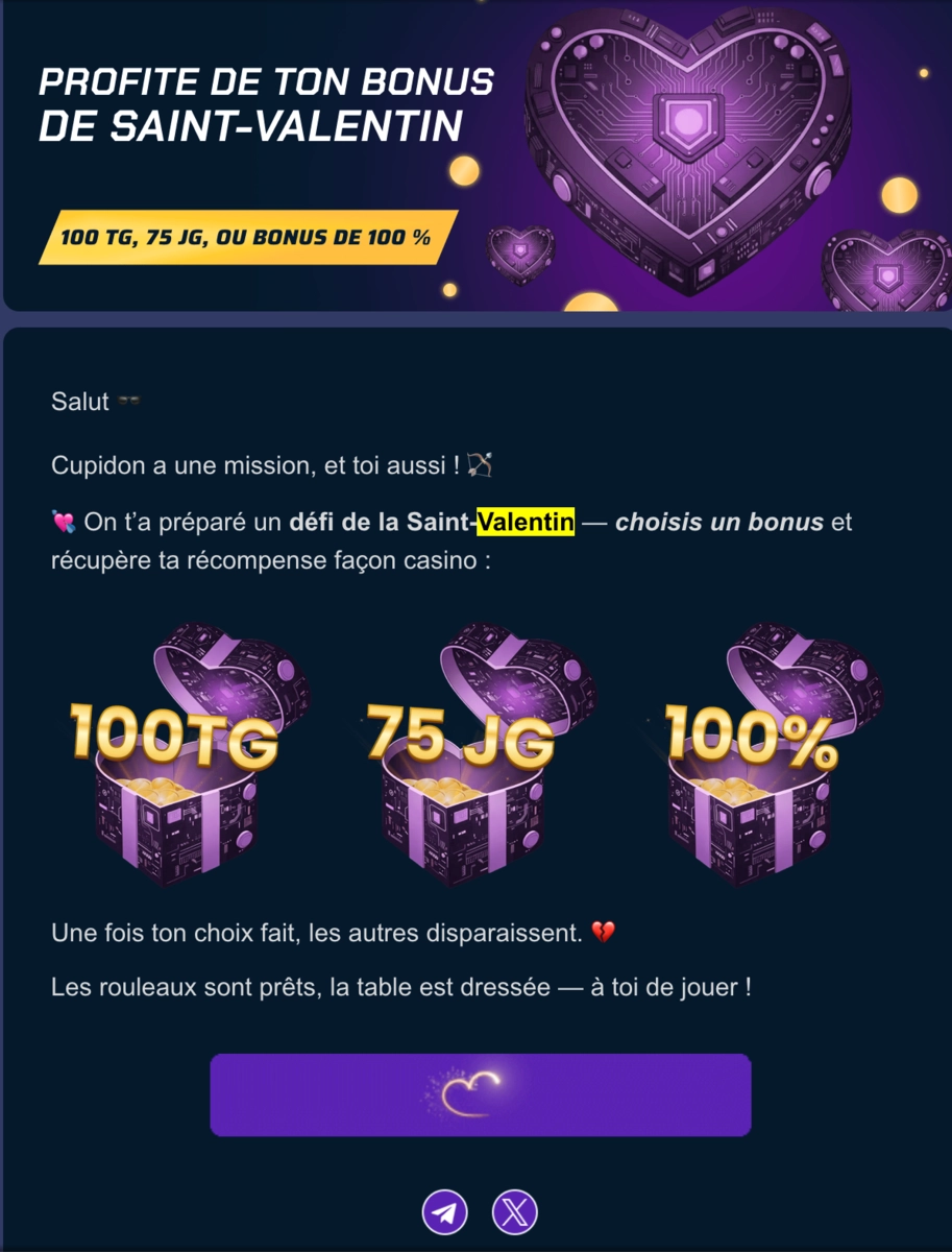 Banni&egrave;re promotionnelle du casino en ligne Betory pour la Saint-Valentin proposant un choix entre 100 tours gratuits, 75 jeux gratuits ou un bonus de 100 %, avec coffres en forme de c&oelig;ur et design violet romantique