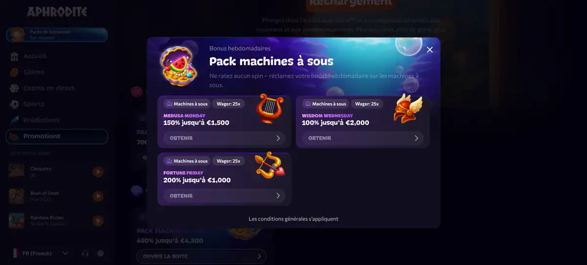 Capture d'écran des offres hebdomadaires d'Aphrodite Casino avec trois bonus machines à sous dont Fortune Friday 200% jusqu'à 1 000 euros.