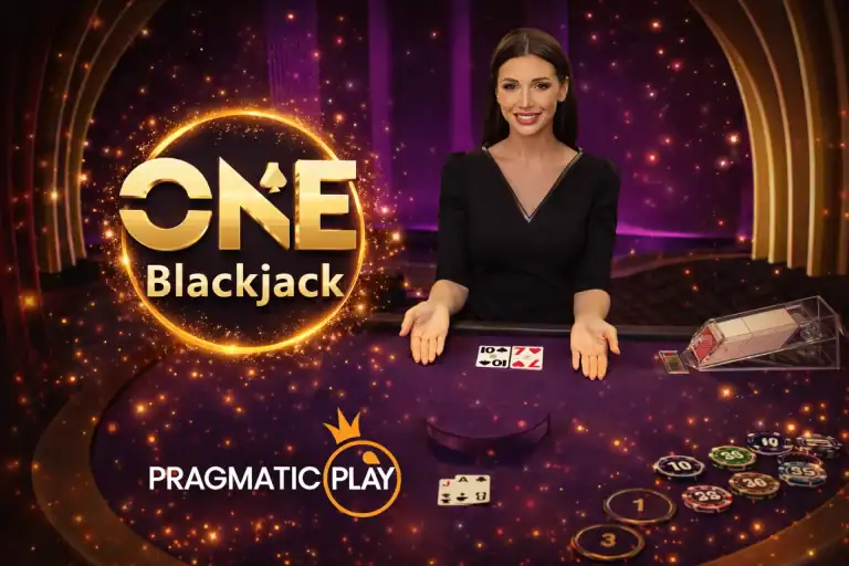 One Blackjack de l&rsquo;&eacute;diteur Pragmatic Play pr&eacute;sentant une croupi&egrave;re souriante derri&egrave;re une table de blackjack live violette et dor&eacute;e, avec des cartes ouvertes sur le tapis, des jetons empil&eacute;s, le logo Pragmatic Play visible et une ambiance &eacute;l&eacute;gante et lumineuse de casino en direct.