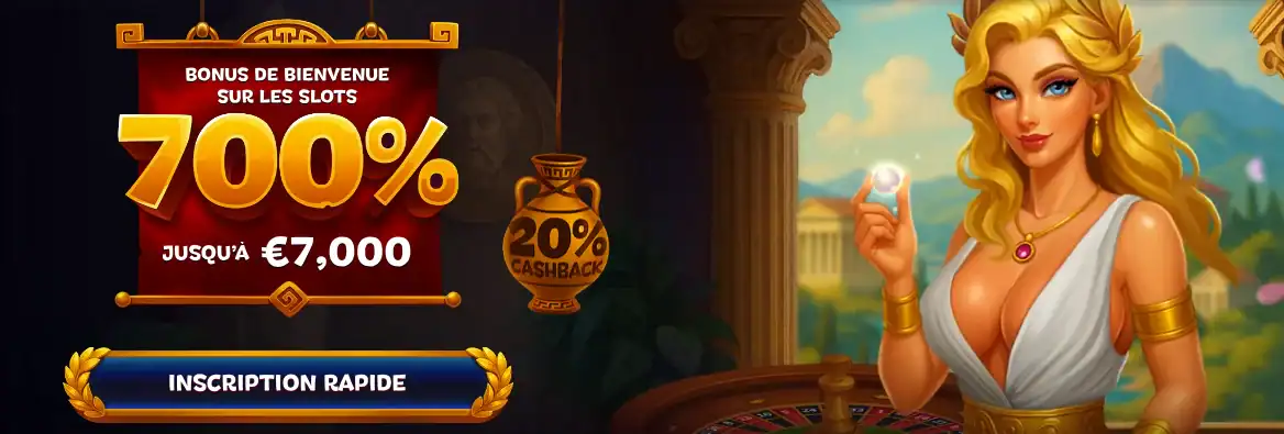 Détail du pack de bienvenue machines à sous d'Aphrodite Casino avec 5 bonus allant de 100% à 200% jusqu'à 7 000 euros au total.